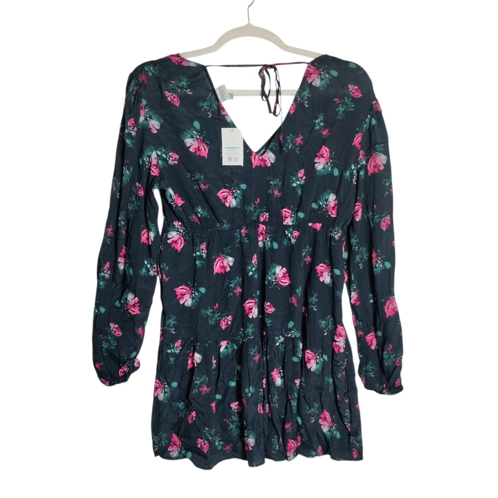 A New Day Floral V-Neck Tiered Mini Dress Navy Pink Long Sleeve L RN17730
